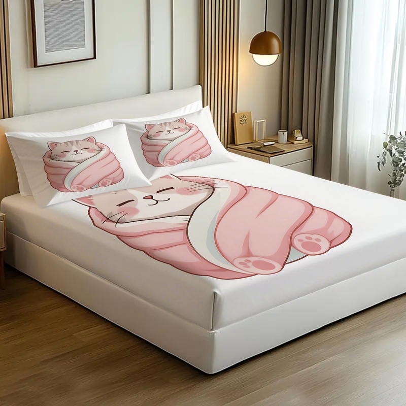 Cute Cat Print Fitted Sheet Se - Fitted Bed Sheets Deep Pocket 评论和价格
