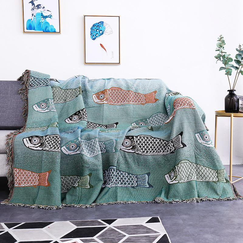 Koi Fish Jacquard Woven Throw  - Boho Throw Blanket Fringe 评论和价格